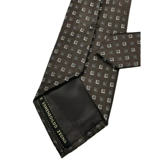 ERMENEGILDO ZEGNA Men's 100% Silk Necktie LUXURY Tie Brown Geometric W:3.5 EUC